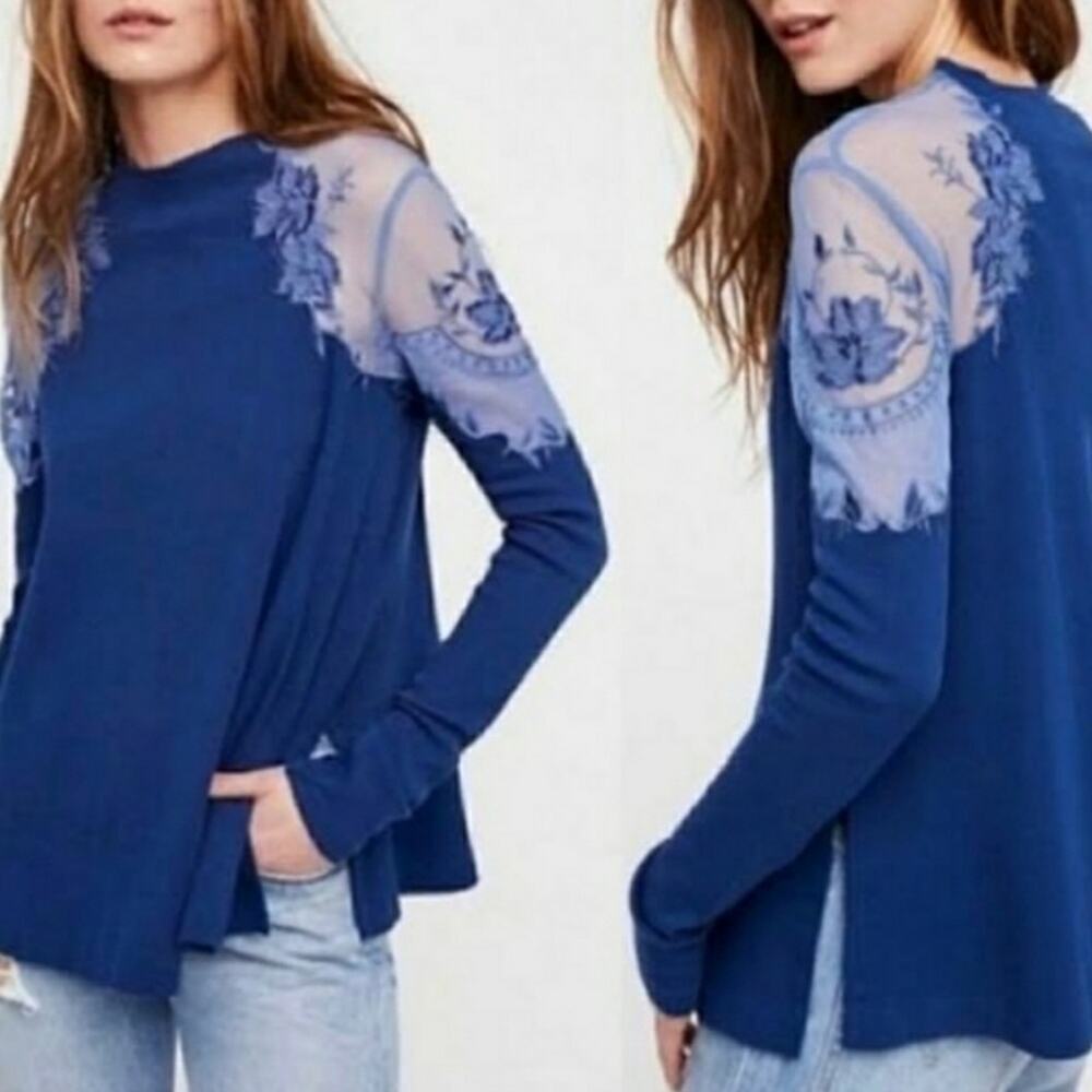 Free People Blue Lace Shoulder Long Sleeve Top Medium - Picture 8 of 10